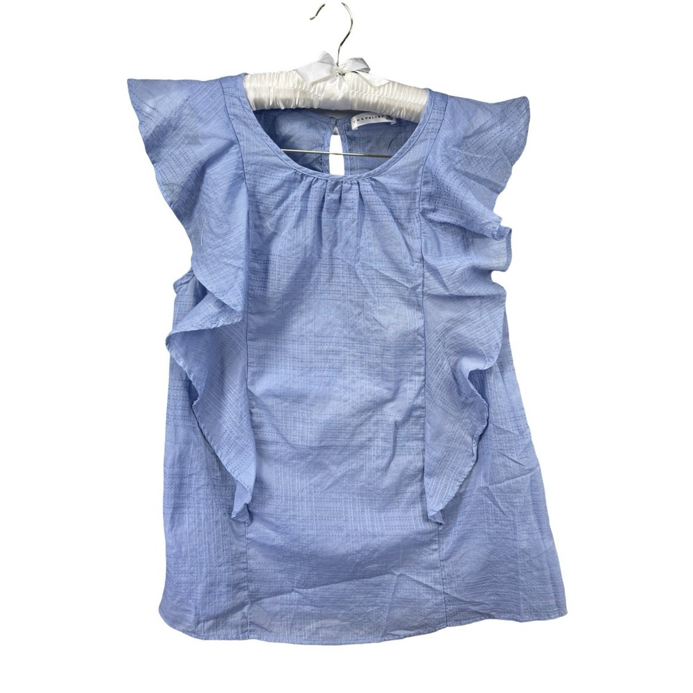 Retrology Womens Large Blue Flutter Sleeve Blouse Textured Cotton Keyhole Back